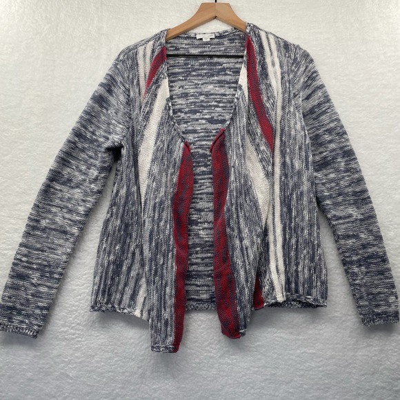 J. Jill Sweaters - J. JILL Cardigan Women's Medium Open Waterfall Front Red Blue White Reverse Knit
